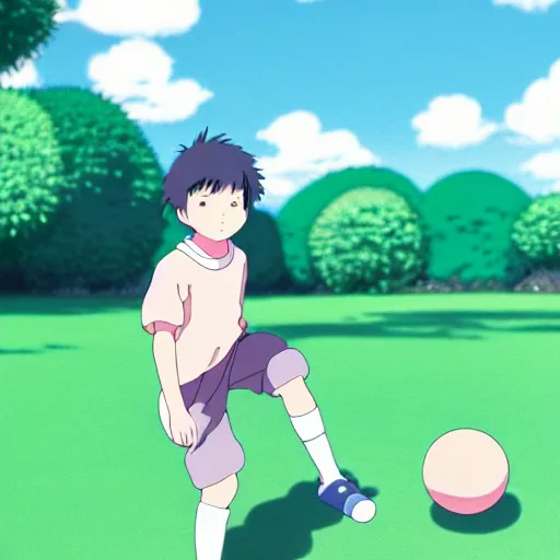 Image similar to a young boy with ball with a pastel aesthetic, studio ghibli, character design, fantasy, 8 k resolution