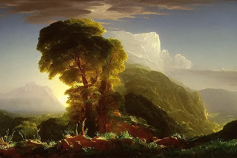 Image similar to there is another world very close to ours that we don't perceive directly, but they do interact sometimes. painting by thomas cole ( 1 8 3 3 )