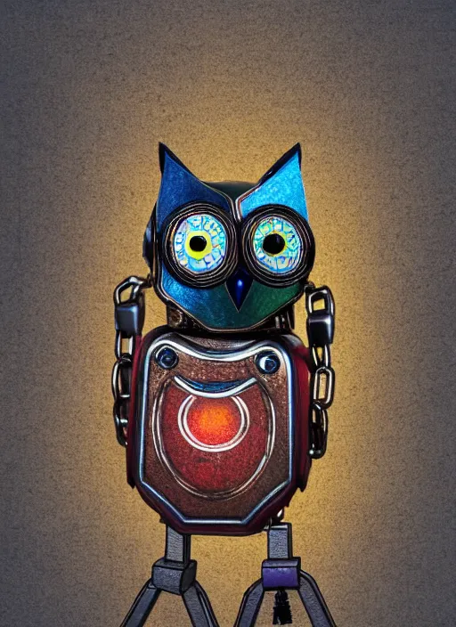 Image similar to colored pencil and pen drawing of an animatronic robot owl, bird made from rusty old keys and padlocks, space background, 8 k photorender realityengine