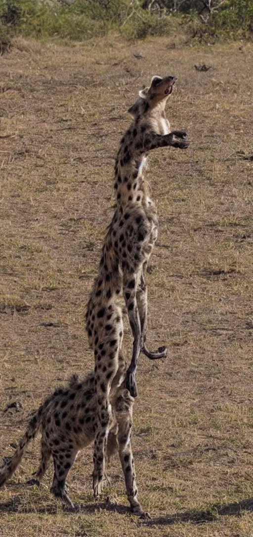 Prompt: hyena with a super long neck extending into the sky,