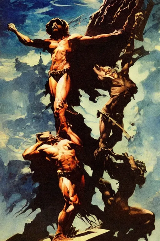 Image similar to Artwork by Frank Frazetta of the cinematic view of the Cenotaph of Ever-changing Blasphemy.