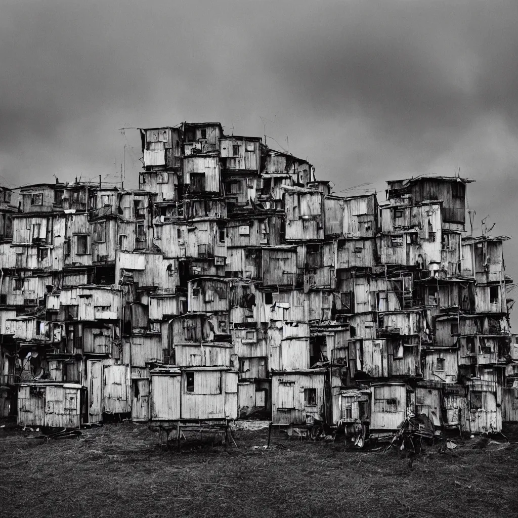 Image similar to high towers, made up of colourful makeshift squatter shacks, bleached, misty, moody sky at the back, dystopia, mamiya, f 1 1, fully frontal view, very detailed, ultra sharp, photographed by trent parke