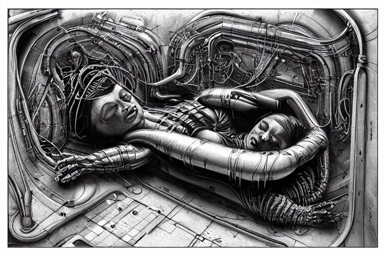 Image similar to the birth of the cyborg sleeping chambre / artificial womb by hr giger. hedonic imperative expressed as a pan - species techno - utopia imagined by jim burns and james gurney. masterpiece scifi artwork, retro, trending on artstation, 8 k