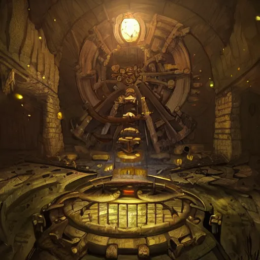 Image similar to deep underground, within a long - forgotten dwarven sanctuary, exists a mechanical contraption that coverts magic into life.