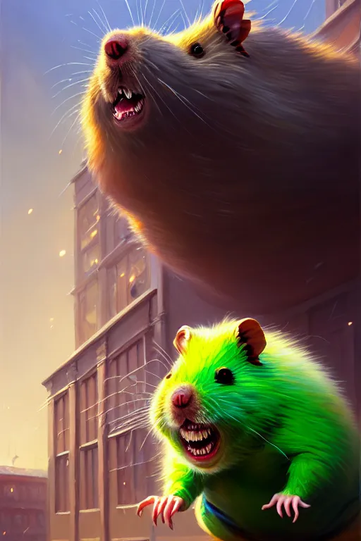 Prompt: a detailed oil painting of a giant angry hamster attacking a school building, green slime everywhere, intricate, horror, highly detailed, digital painting, trending on artstation, smooth, sharp focus, illustration, art by greg rutkowski, loish, rhads, makoto shinkai and lois van baarle, ilya kuvshinov, rossdraws