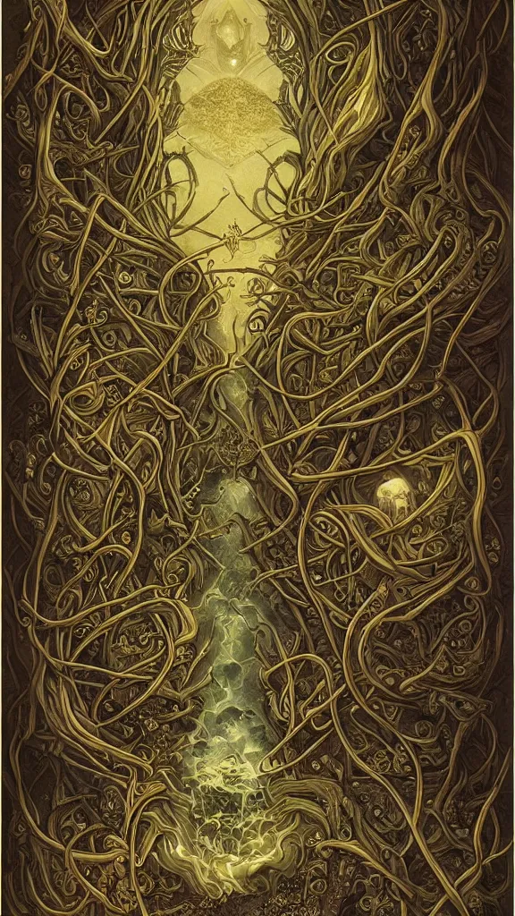 Image similar to cannabis, holy, symmetrical, symmetry, sandstone, gold, black vines, bandages, trychomes, god, detailed intricate ink illustration, symbols of the afterlife, tarot card with ornate border frame, dark atmosphere, by Peter Mohrbacher, complementary colors