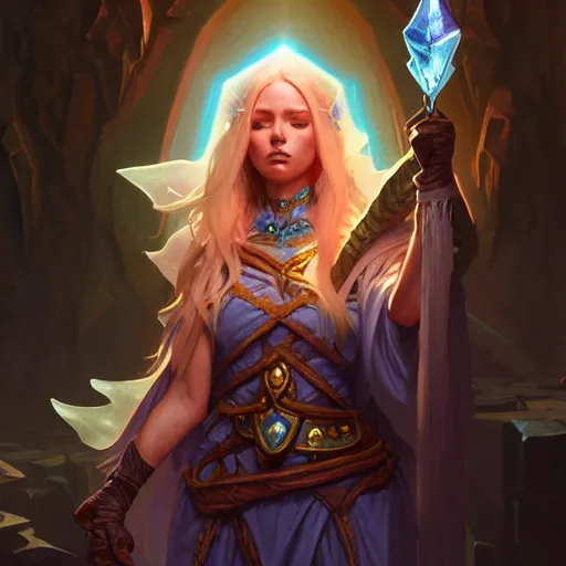 Image similar to wizard, female, in crystal cave, D&D, fantasy, intricate, elegant, highly detailed, digital painting, artstation, octane render, concept art, matte, sharp focus, illustration, hearthstone, art by Artgerm and Greg Rutkowski and Alphonse Mucha