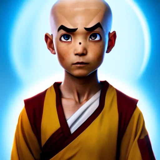 Prompt: a portrait of Aang from Avatar: The Last Airbender by Zack Snyder, Avatar the Last Airbender, 8k photorealistic, cinematic lighting, HD, high details, dramatic