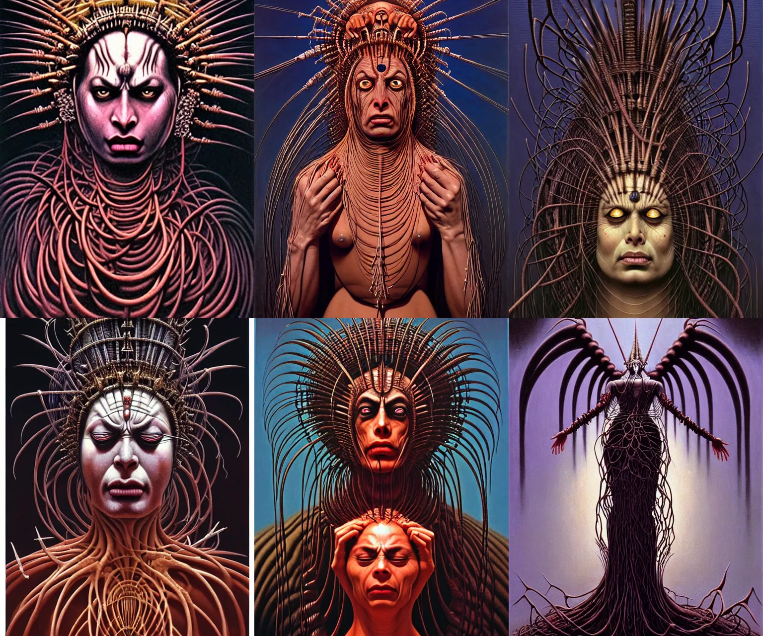 Prompt: a cinematic masterpiece crying portrait of a colossal gothic HIndu demon goddess of grief, sorrow, misery and despair, head and upper body only, crown of wires and spikes, by Alex Grey, by Wayne Barlowe, by Tim Hildebrandt, by Bruce Pennington, by Zdzisław Beksiński, by Caravaggio, oil on canvas, masterpiece, trending on artstation, featured on pixiv, cinematic composition, astrophotography, dramatic pose, beautiful lighting, sharp, details, details, details, hyper-detailed, no frames, HD, HDR, 4K, 8K