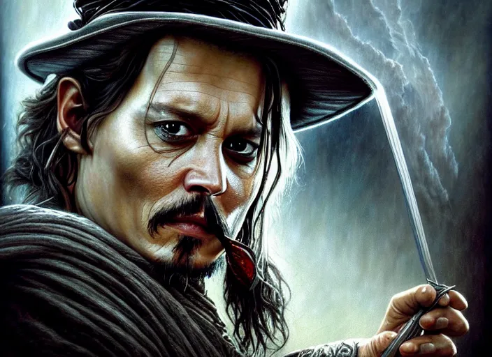 Prompt: wideangle!! portrait shot of johnny depp in the lord of the rings, intricate, elegant, highly detailed, centered, digital painting, artstation, concept art, smooth, sharp focus, illustration, artgerm, tomasz alen kopera, peter mohrbacher, donato giancola, joseph christian leyendecker, wlop, boris vallejo