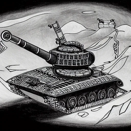 Image similar to daoist battle tank painted in white and black yin - yag symbol blasting away at dystopia, cosmos backdrop, detailed pencil drawing escher style xenopunk alien aesthetics