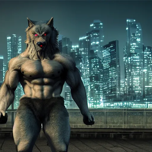 Image similar to muscular werewolf, anime, grey fur, city background, night lights, field of depth, bokeh, award-winning photorealistic uhd 8k