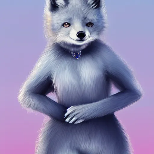 Image similar to digital painting of a female anthro arctic fox furry with blue eyes in a beautiful black dress, wlop, trending on artstation, furry fox ears, anthro paws and arms, gold necklace, femme, wlop, gradient shading, simple shading