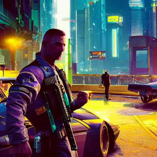 Image similar to cyberpunk 2 0 7 7 cop, purple and blue hour, art by craig mullins