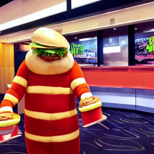 Prompt: MAN DRESSES UP IN A BURGER SUIT ATTENDS FAST FOOD CONVENTION, REALISM, REALISTIC, HDR, CLEAR IMAGE,