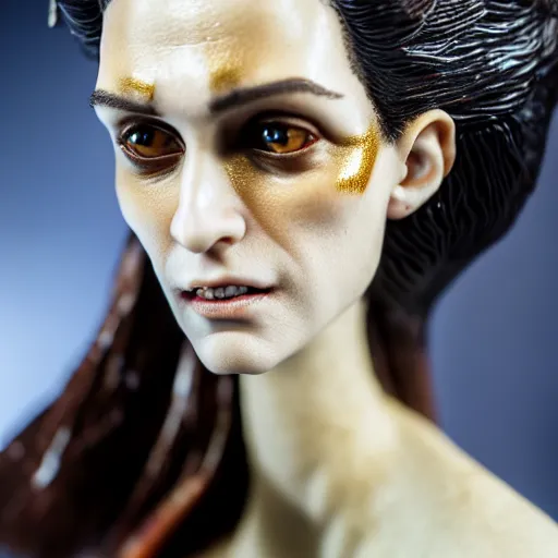 Image similar to photo taken of an epic intricate, ultra detailed, super realistic bust of a majestic gracious regal aristocratic brunette female vampire created by weta workshop, menacing, some zoomed in shots, photorealistic, sharp focus, white wall, extremely cold blueish colour temperature, 3 5 mm, f 1. 4, golden ratio