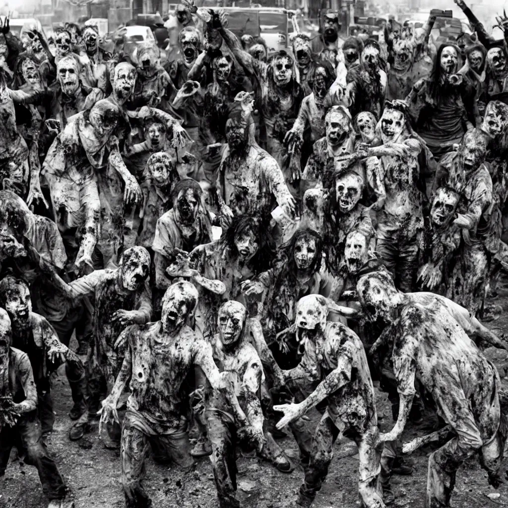 Prompt: black and white photo of the zombie apocalypse,