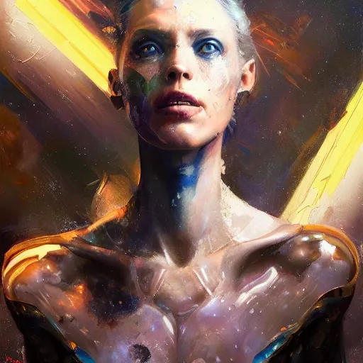 Image similar to galaxy surfing stunning cyborg, expressive oil painting, by yoshitaka amano, by greg rutkowski, by jeremy lipking, by artgerm,, h e giger, digital art, octane render