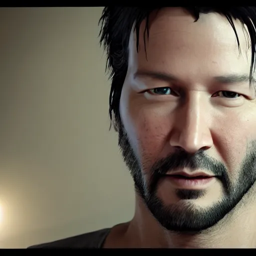 Image similar to render of a beautiful 3d Keanu Reaves, hyperdetailed medium shot, Unreal engine 4k