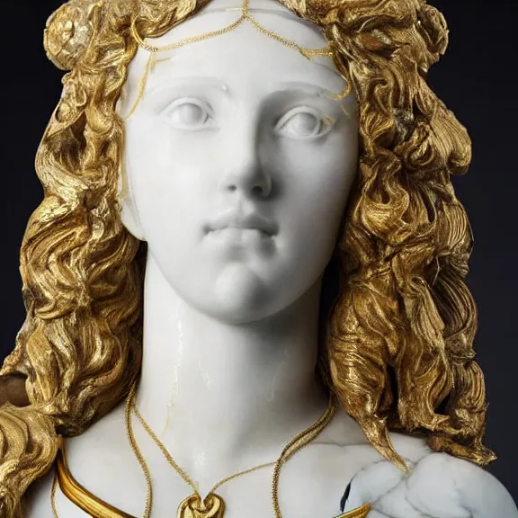 Image similar to a white art nouveau marble and gold head and torso sculpture of a worried young scarlett johansson as joan of arc with long, flowing hair, wearing intricate gold plate armor on her chest, delicate, intricate, smooth, beautiful, by charles van der stappen