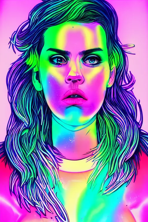 Prompt: a award winning half body portrait of a beautiful woman with stunning eyes in a croptop and cargo pants with smoke for hair in rainbow colors, outlined by whirling illuminated neon lines, outrun, vaporware, shaded flat illustration, digital art, trending on artstation, highly detailed, fine detail, intricate