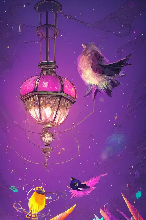 Image similar to purple space racoon, colorful birds flying. Magical lanterns and chandeliers. Fantastical, detailed digital art trending in artstation