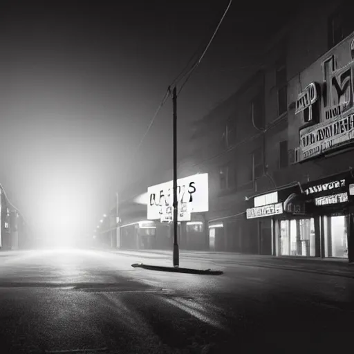 Image similar to A stunningly beautiful award-winning 8K high angle cinematic movie photograph of a dark foggy main intersection in an abandoned 1950s small town at night, by Edward Hopper and David Fincher and Darius Khonji, cinematic lighting, perfect composition, moody low key volumetric light. Color palette from Seven, greens yellows and reds. 2 point perspective