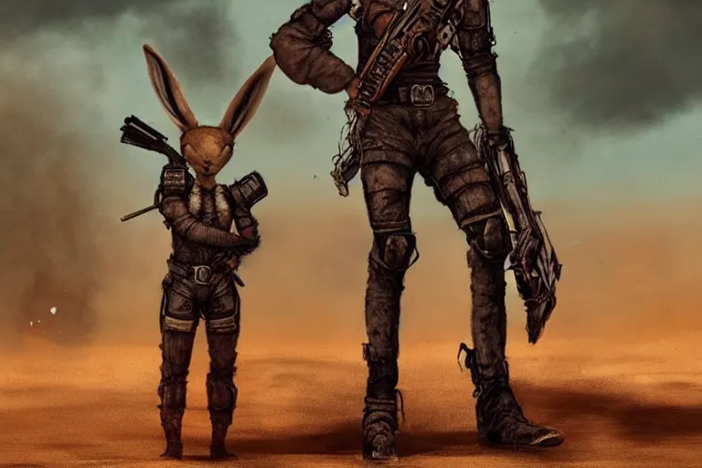 Image similar to a good ol'jackrabbit fursona ( from the furry fandom ), heavily armed and armored facing down armageddon in a dark and gritty version from the makers of mad max : fury road. witness me.