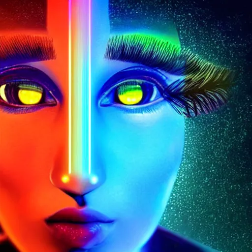 Prompt: beauty, many third eyed humanoids eye forehead, wide wide body portrait, vivid colors, thin wires, beautiful lighting