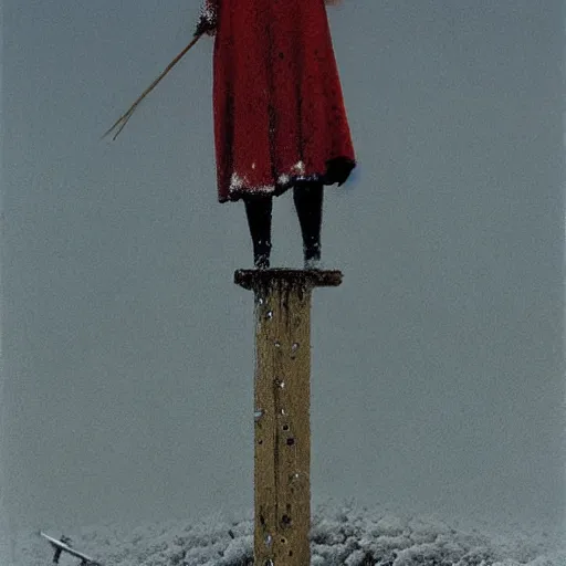 Image similar to a woman covered in white ash with red hair, standing on a post apocalyptic snow fiels with shadows of former civilzations, painted by beksinski