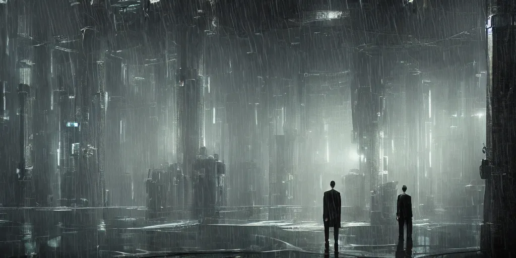 Prompt: a film still from the matrix by ian hubert - endless machine - built underground facility that controls atmosphere, water and power, scale of a city, water - logged, medium shot, waist up, bloom, dramatic lighting, behance, game environment design, artstation, deviant art,