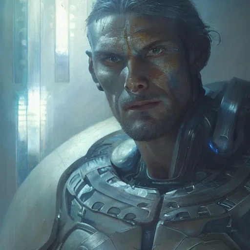 Prompt: handsome portrait of a spartan guy bodybuilder posing, radiant light, caustics, war hero, ghost in the shell, surrounded by astral plane, by gaston bussiere, bayard wu, greg rutkowski, giger, maxim verehin