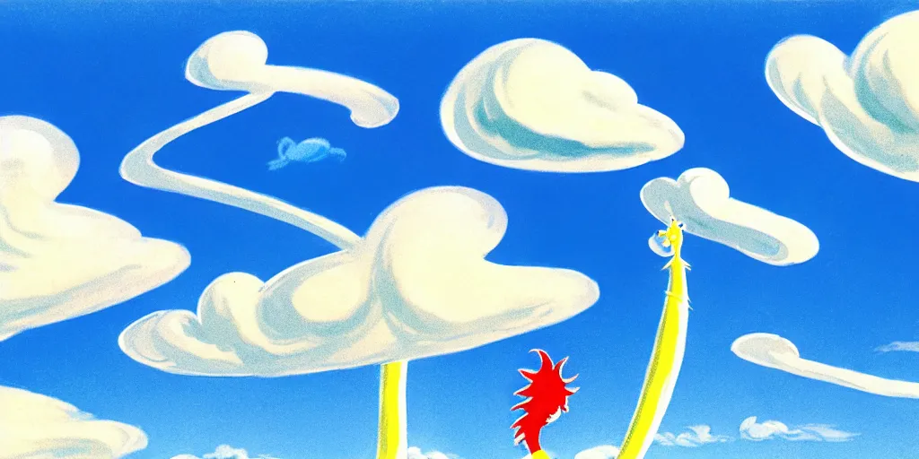 Image similar to cartoon concept art, clean blue sky, spiral clouds, from dr. seuss