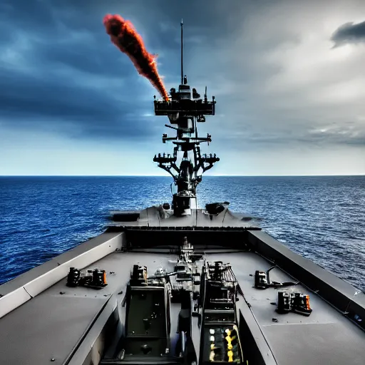 Image similar to Highly detailed photograph of a warship firing its advanced gun system, HDR, 8k