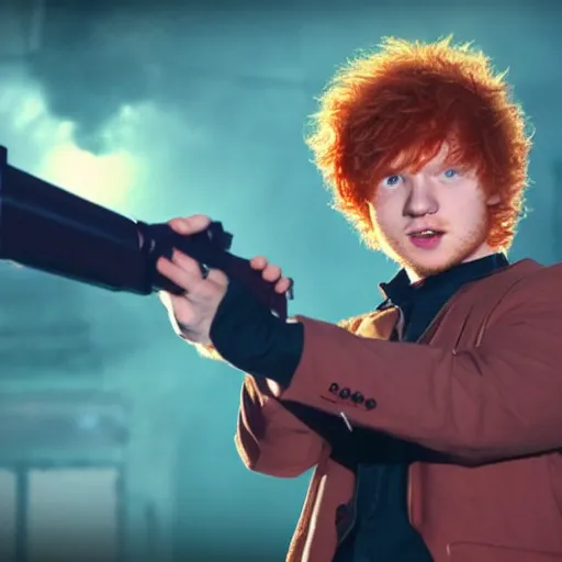 Image similar to ed sheeran as spike spiegel from cowboy bebop, holding a gun like james bond, cinematic, 4 k, realistic, wide angle lens. 8 k, hyperdetailed, precise, low - lighting