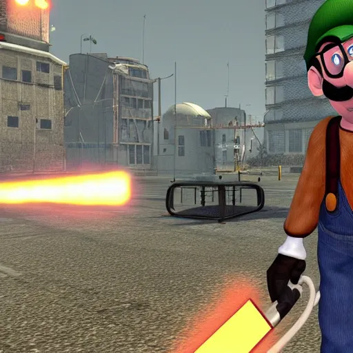 Prompt: a screenshot of luigi in half life 2