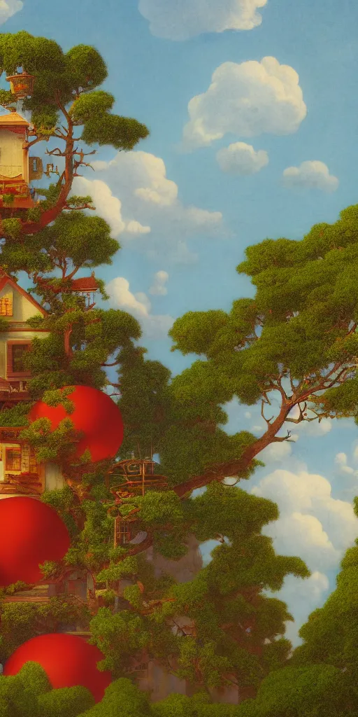 Prompt: matte painting of a red ball balancing on a small house balancing on a pine tree, very tall, in the sky, surrounded by clouds, birds eye view, highly detailed, disney, style of maxfield parrish, in the style of lady and the tramp