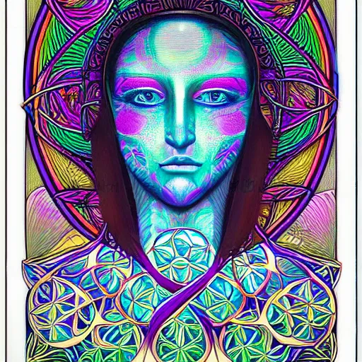 Image similar to flower of life godess portrait in the style of Alex grey