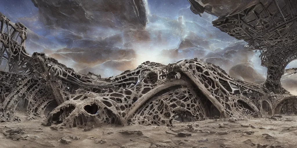 Prompt: supernova, neo brutalism space station ruins in the mars desert, giant whale skeleton, whale bones, whale graveyard, painted by steve mccurry, ruan jia, raymond swanland, lawrence alma tadema, zdzislaw beksinski, norman rockwell, jack kirby, tom lovell, alex malveda, greg staples