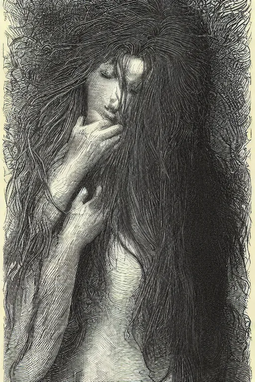 Prompt: extreme close-up, hair fully covers a woman\'s face, forest background, Gustave Dore lithography