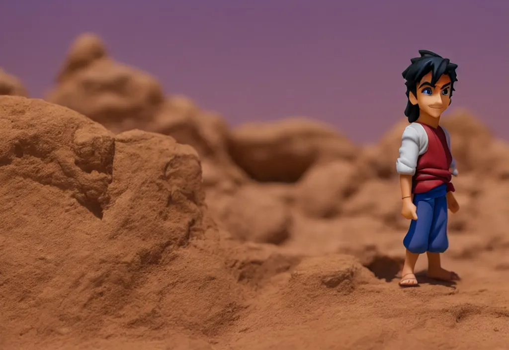 Image similar to side view of young aladdin as nendoroid walking in a desert village, 8 k, hd, dof, kodak film,