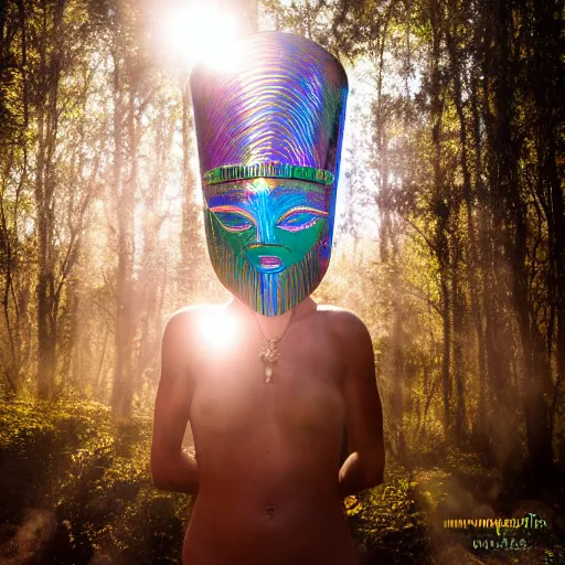 Prompt: wraith pagan wearing iridescent metallic dogon tribal mask standing in a clearing in the deep forest, rays of the sun, caustics, realistic, photography, photojournalism, national geographic photoshoot, inner glow, shimmer, sparkle, smoke, dust