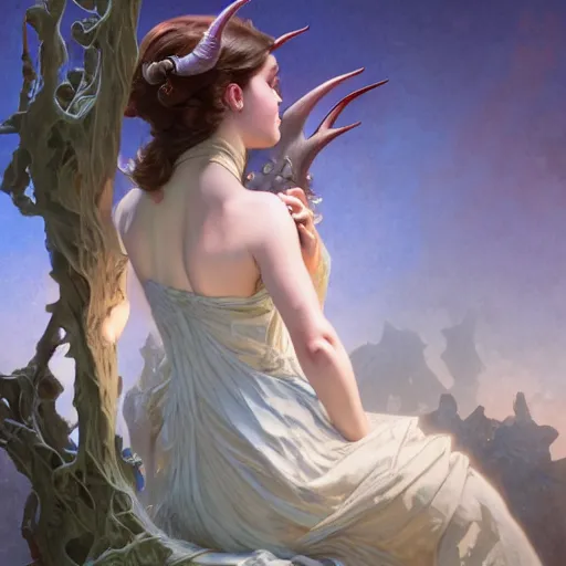 Prompt: the beast with the horns of the lamb, NGE dark fantasy, medium shot, intricate, highly detailed, digital painting, volumetric light, artstation, concept art, smooth, sharp focus, illustration, art by Gil Elvgren and Greg Rutkowski and Alphonse Mucha, 8K