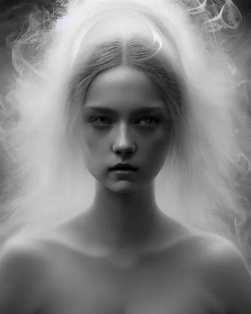 Image similar to monochrome, dreamy, subsurface scattering, white, young beautiful goddess in cosmos with very long white hair floating in air, fluid smoke art, black and white, octane render, dino valls, mark ryden, joe fenton, michal karcz, highly detailed, rim light, art, cinematic lighting, very coherent, hyper realism, 8 k