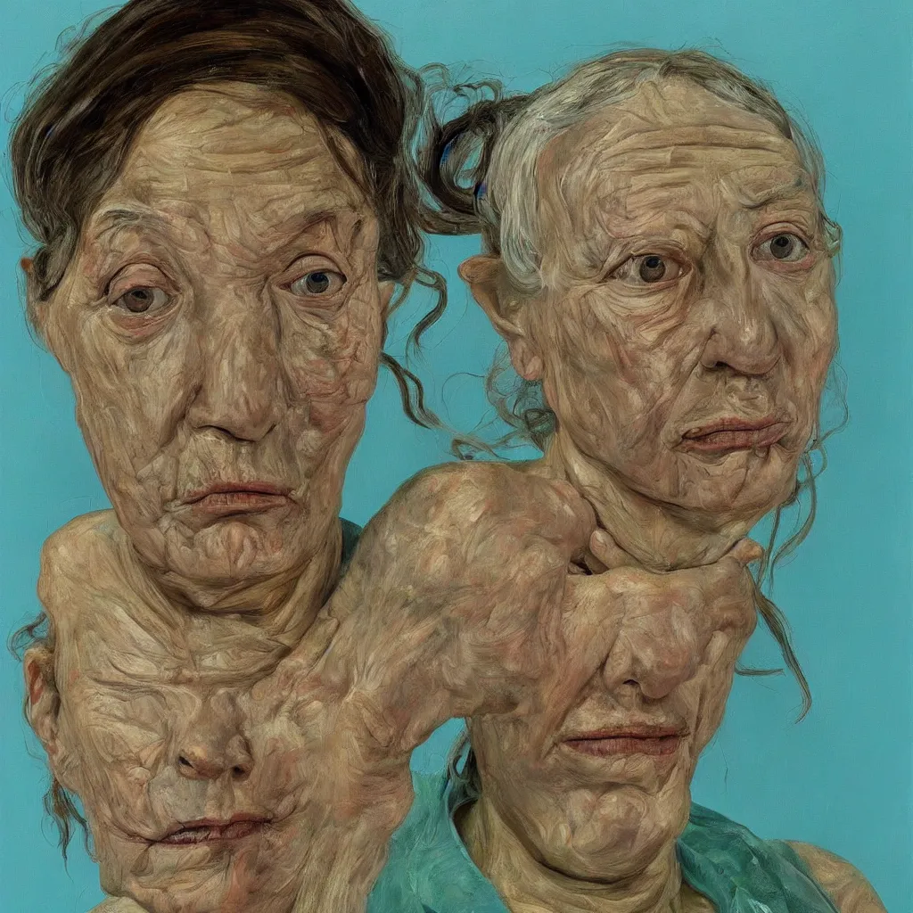 Image similar to high quality high detail painting by lucian freud, jenny savile, unsettling portrait, turquoise, hd