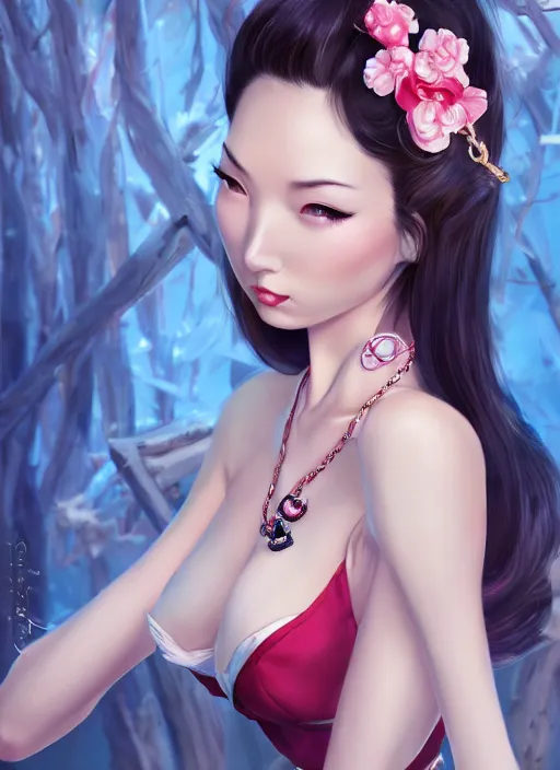 Image similar to a pin up and beautiful fashion dreamlke japan girl with lv jewelry, character art, art by artgerm, wlop, loish, hyperdetailed, 8 k realistic, symmetrical, global illumination, radiant light, frostbite 3 engine, cryengine, dof, trending on artstation, digital art, chanel, dior, detailed background