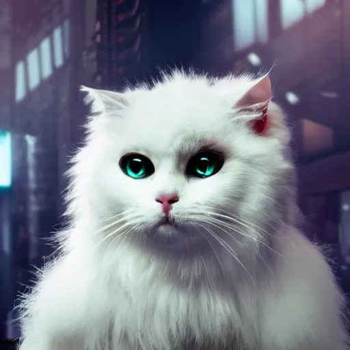 Image similar to a white fluffy cat dressed in cyberpunk aesthetics. 4k high quality exquisite.