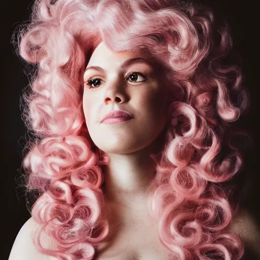 Prompt: a photograph of rose quartz from steven universe, portrait photography, 85mm, iso 400, focus mode ,a kind expression, detailed portrait, gigantic pink ringlets, huge curly pink hair, tight gigantic pink curls, warm features, a beautiful smile, bangs, plus size, white dress, gorgeous, kind features, beautiful woman, flattering photo, daylight