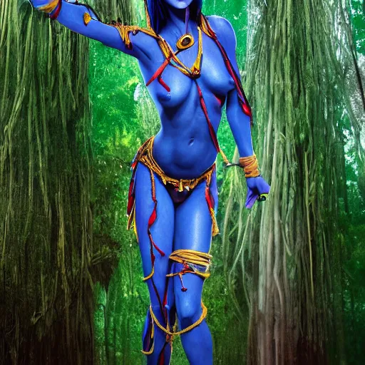 Image similar to a blue - skinned female navi from avatar wrapped in barbed wire suspended in the air between two trees, cosplay, body paint, high resolution film still, hdr color, movie by james cameron