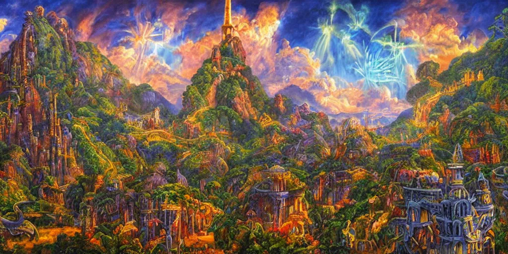 Image similar to fantasy oil painting, regale, fortress mega structure city, colossus of rhodes, atlantis, hybrid, looming, small buildings, warm lighting, overlooking, epic, lush plants flowers, rainforest mountains, bright clouds, luminous sky, outer worlds, cinematic lighting, michael cheval, michael whelan, oil painting, natural tpose